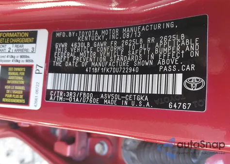 2013 Toyota Camry Xle from USA, damaged, VIN 4T1BF1FK7DU722940